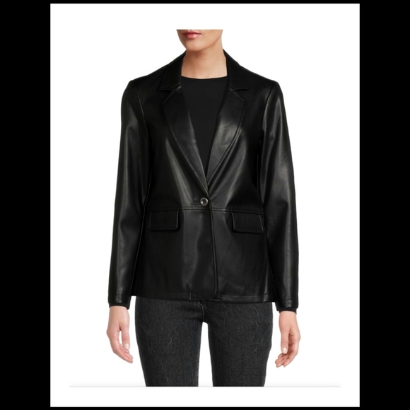 NWOT Tahari Black Faux Leather Single Button Closure Blazer - Picture 1 of 2